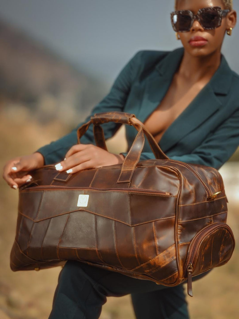 Hard-Waxed Leather Travel Duffle Bag: Shoe Compartment, Geometric Stitching