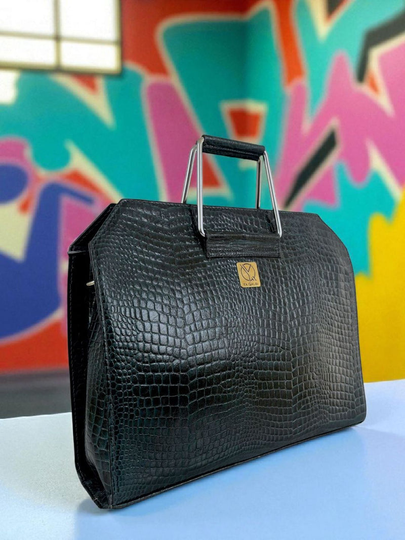 Unisex leather laptop bag with croc pattern by Ya Qalbi