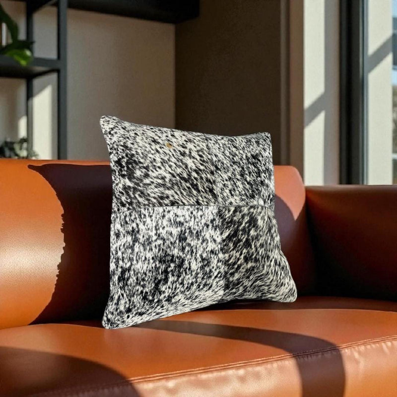 Cowhide Leather Cushion Cover, Black & White Patchwork, Home Decor