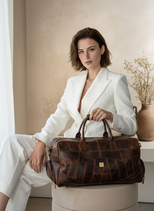 Extra-large leather duffle bag with double shoe compartment by Ya Qalbi