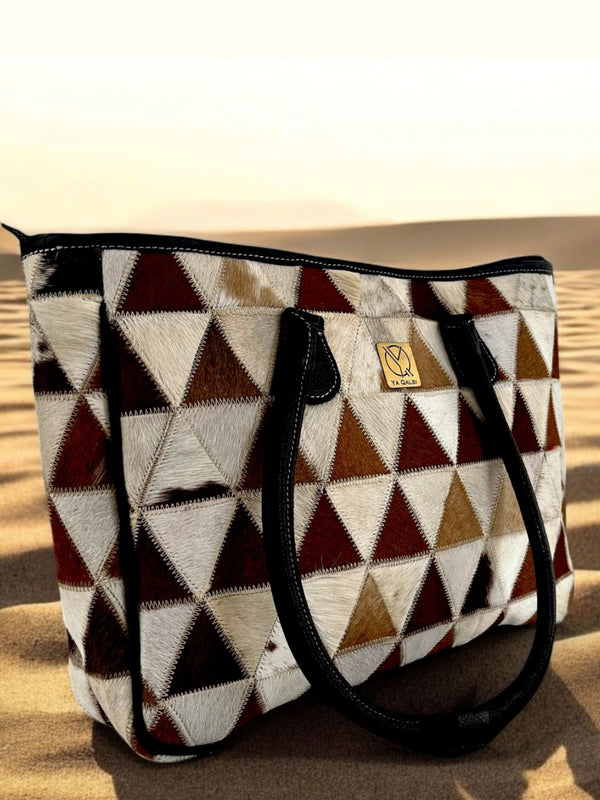 Ya Qalbi Full Grain Leather Tote Bag | Premium Office & Laptop Tote with Hairon Hide Patchwork