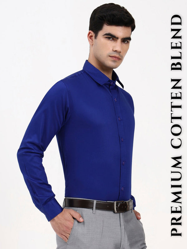 Men’s Cotton-Satin Blend Blue Formal Shirt | Tailored Solid for Office & Special Occasions