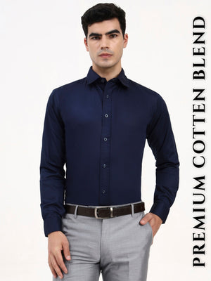 Men’s Cotton-Satin Blend Dark Blue Formal Shirt – Tailored Solid Shirt for Office & Special Occasions