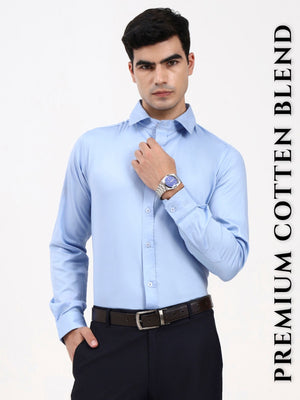 Men’s Cotton-Satin Blend Light Blue Formal Shirt – Tailored Solid Shirt for Office & Special Occasions