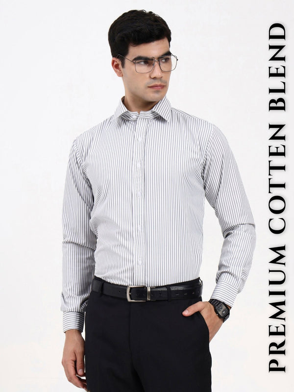 Men’s Grey Striped Cotton Formal Shirt | Tailored Elegant for Office & Events