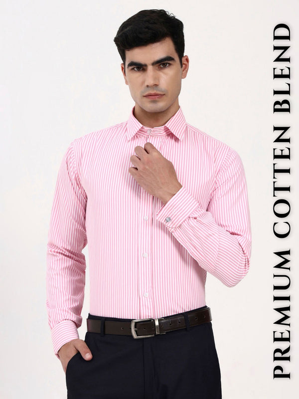 Men’s Pink Striped Cotton Formal Shirt | Tailored Fit with French Cuffs for Office & Events