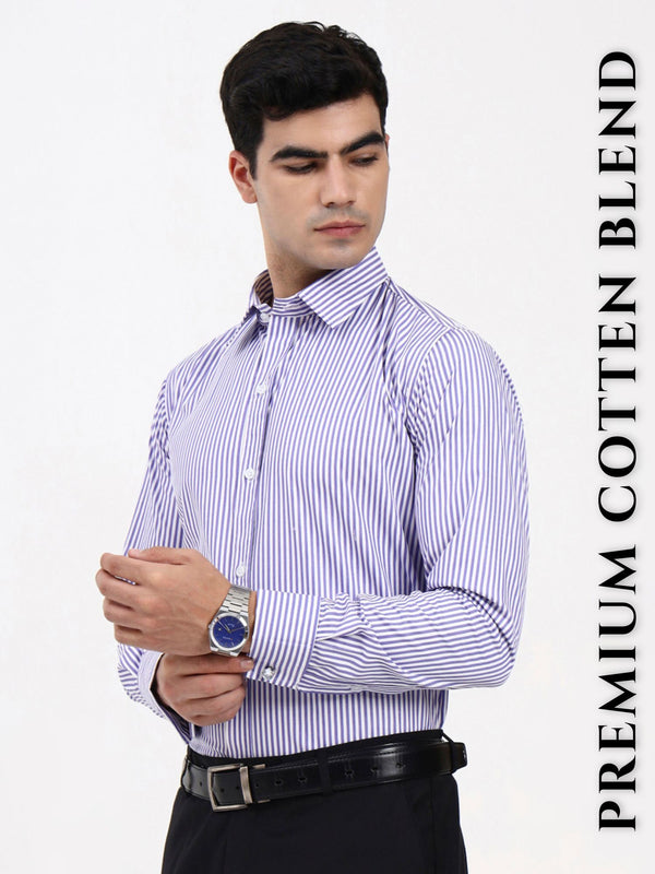 Men’s Solid Blue Formal Shirt | Tailored Fit with Contrast Striped French Cuffs
