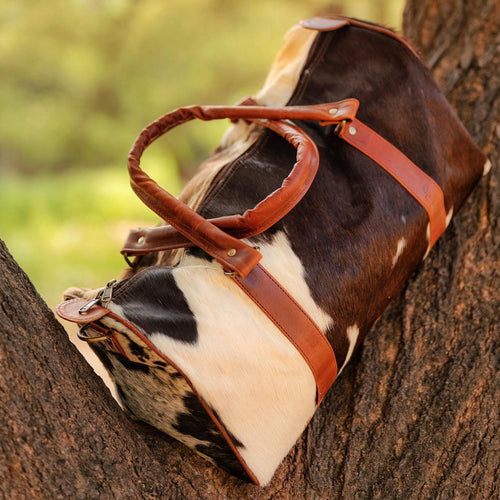 Ya Qalbi Genuine Hairon Leather Duffle Bag – Large Brown & White Hair-on-Hide Weekender with Adjustable Strap