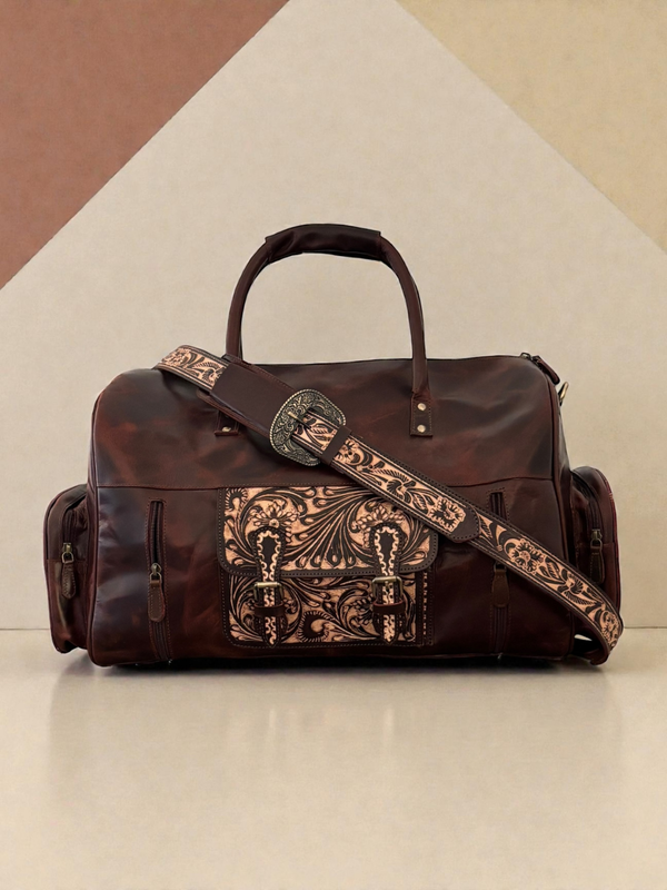 Ya Qalbi Genuine hairon Leather Duffle Bag – Large Brown & White Hair-on-Hide Weekender with Adjustable Strap