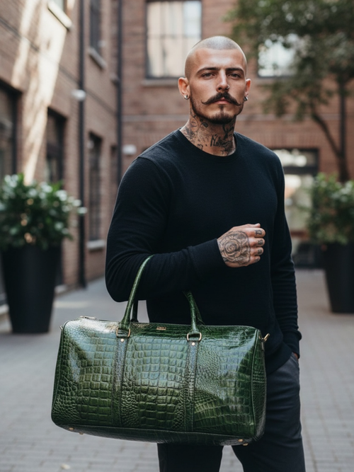 Ya Qalbi Green Crocodile Texture Genuine Leather Weekender Bag – The Ultimate Travel Duffle for Men & Women