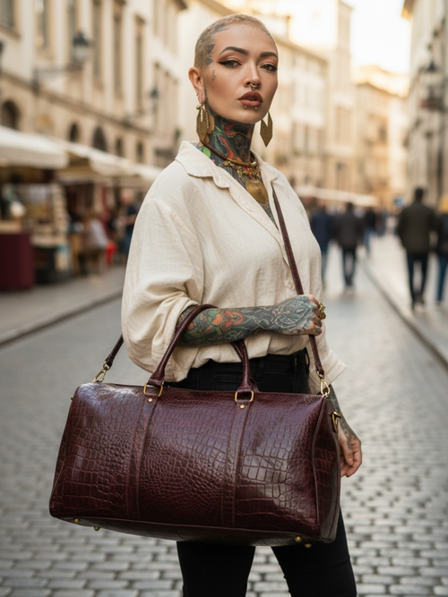 Ya Qalbi Maroon Crocodile Texture Genuine Leather Weekender Bag – The Ultimate Travel Duffle for Men & Women