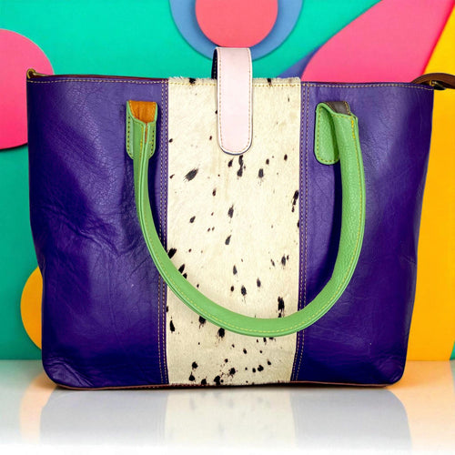 Colorful Leather Tote Bag: Bohemian Hair-On Detail