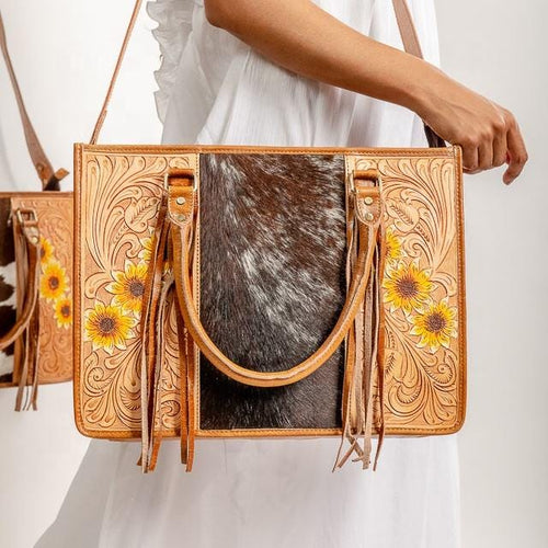 Handcrafted Tooled Leather Cowhide Tote | Western Floral Bag