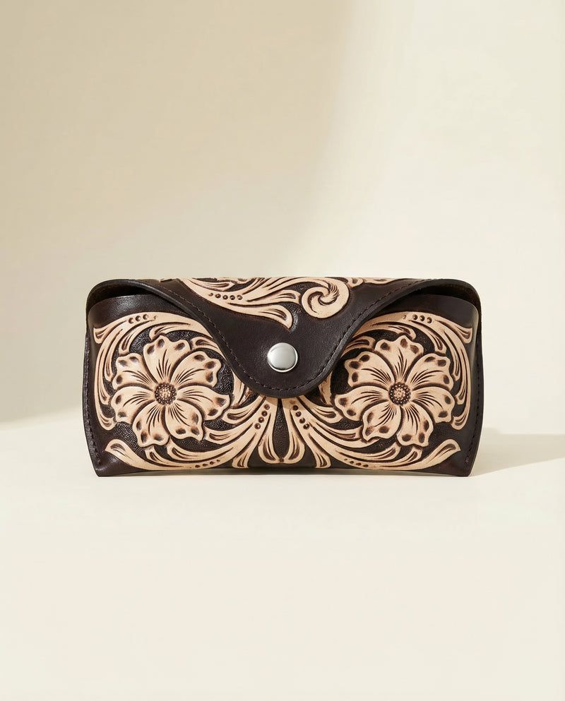 Hand-tooled leather sunglasses case included in essentials bundle by Ya Qalbi