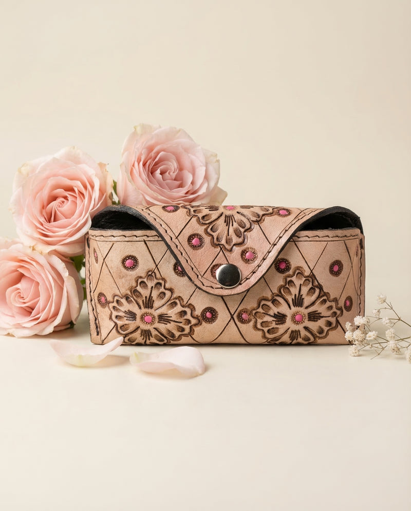 Beige hand-tooled leather sunglasses case with floral carved diamond pattern by Ya Qalbi