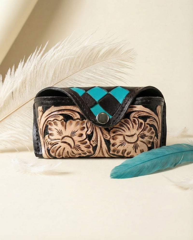 Black hand-tooled leather sunglasses case with turquoise diamond woven flap by Ya Qalbi