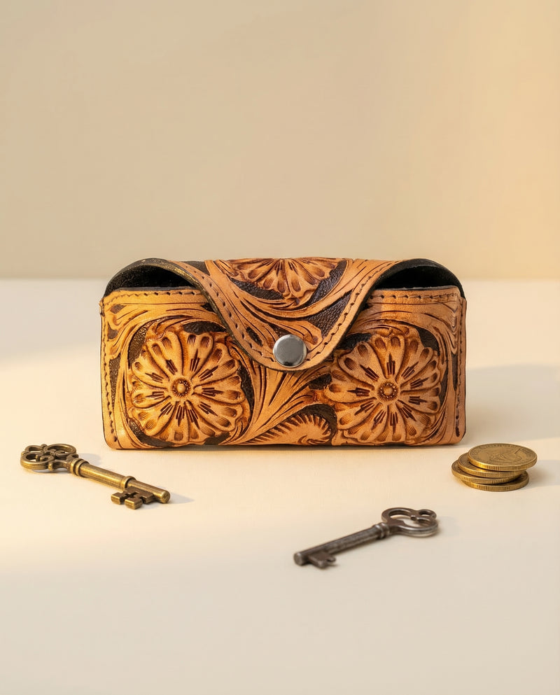 Honey gold hand-tooled leather sunglasses case with Western floral carving by Ya Qalbi