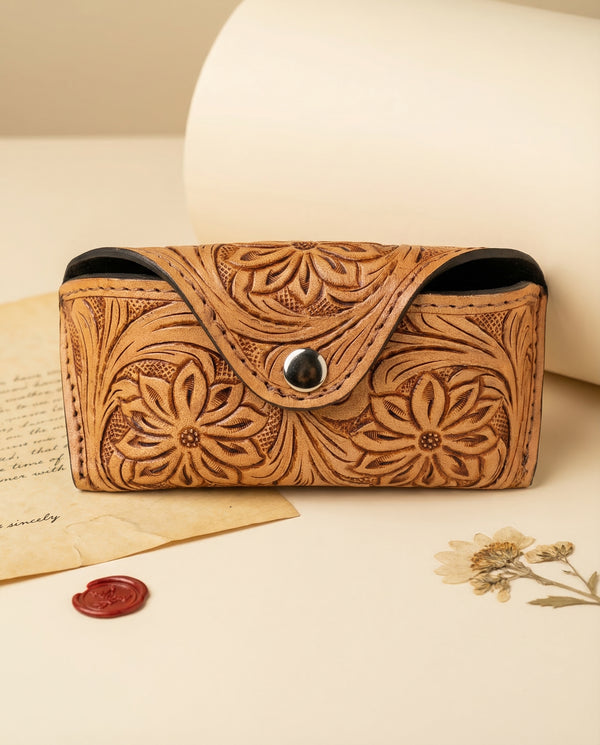 Camel Tan Hand Tooled Leather Sunglasses Case | Dense Floral Carved Eyeglass Holder | Silver Snap | Full Grain Leather Gift | Boho Vintage Artisan Accessory