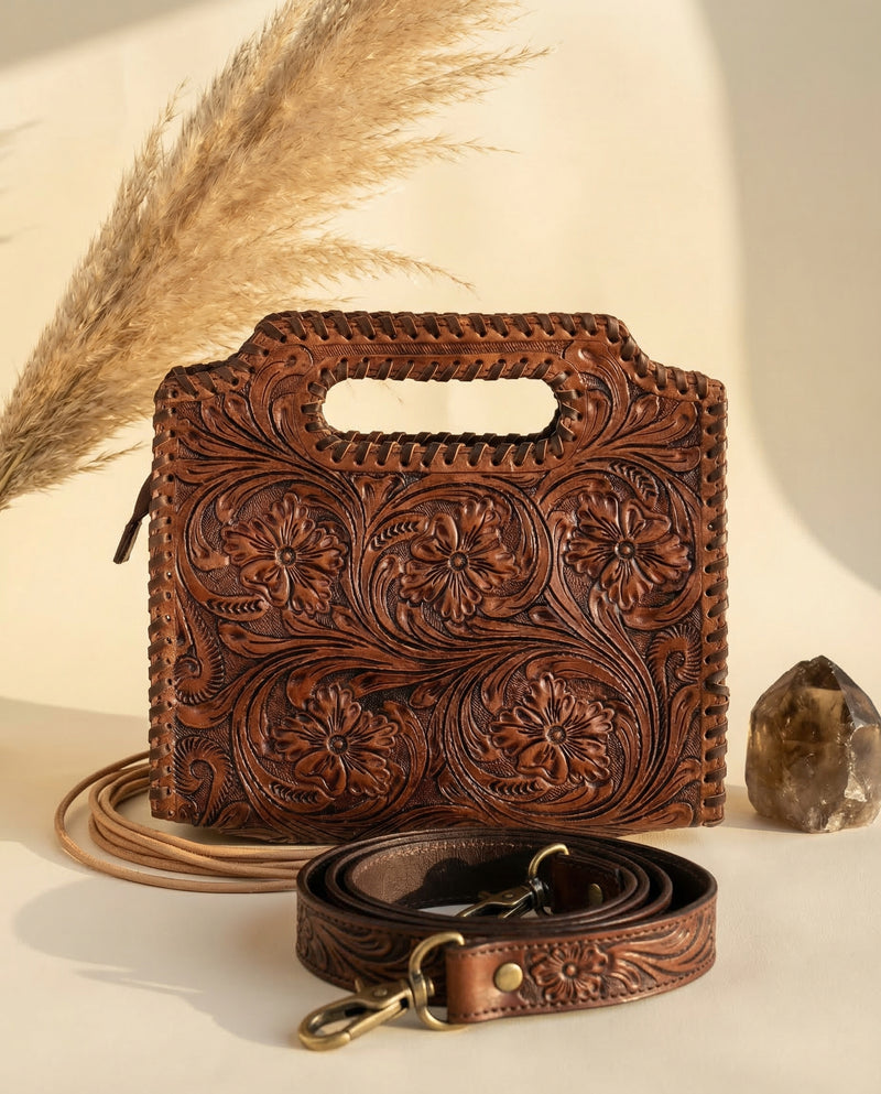 Cognac brown hand-tooled leather handbag with Western medallion carving by Ya Qalbi