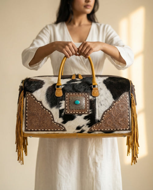 Ya Qalbi Black & white hairon Leather Duffle Bag – Western Flair Meets Everyday Function (Copy)