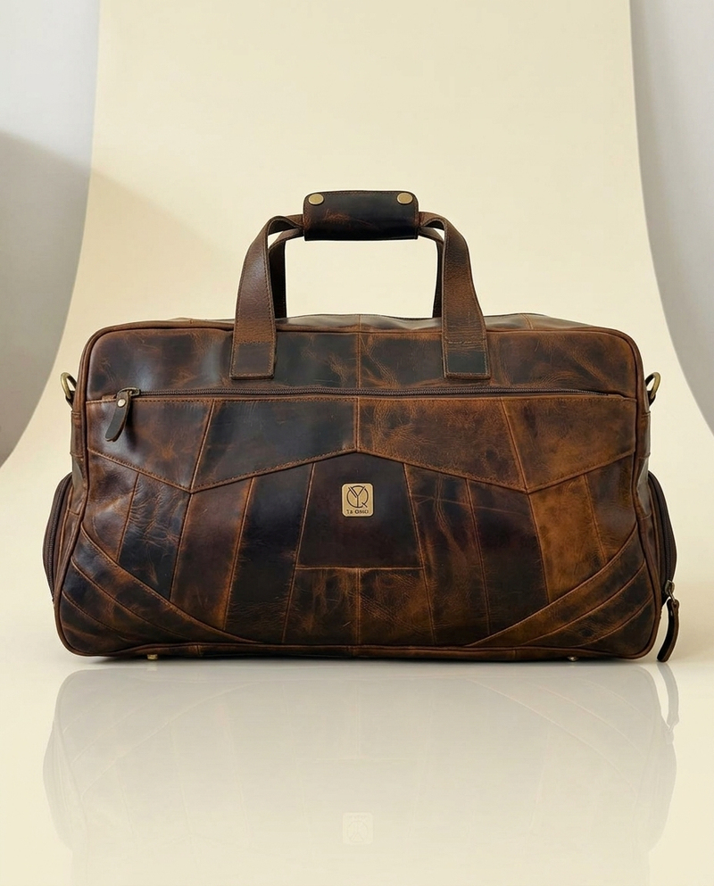 Brown hard wax leather duffle bag with shoe compartment for travel by Ya Qalbi