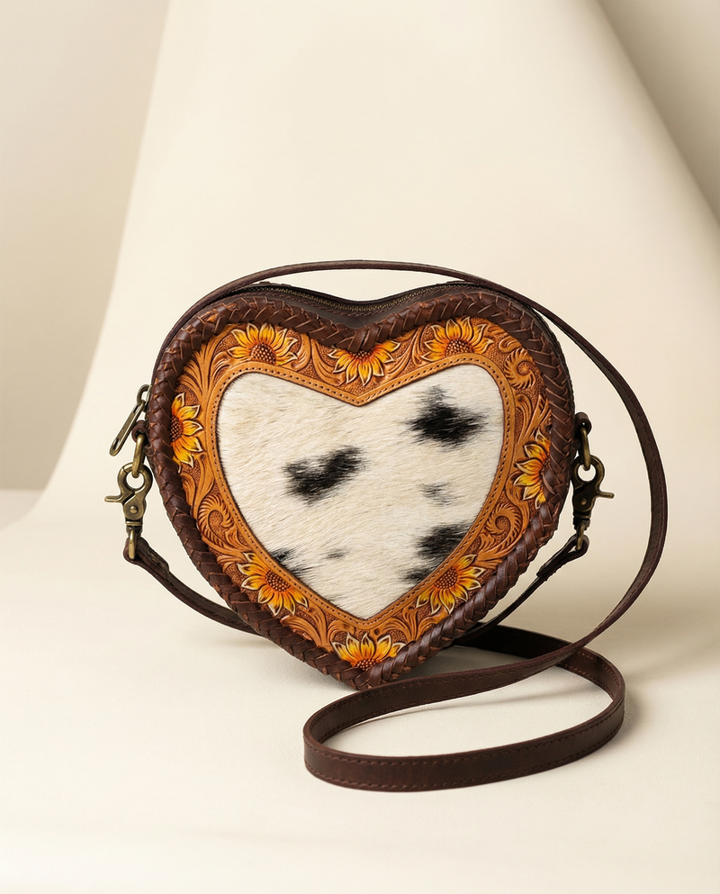 Hair-on leather heart crossbody sling bag for women by Ya Qalbi