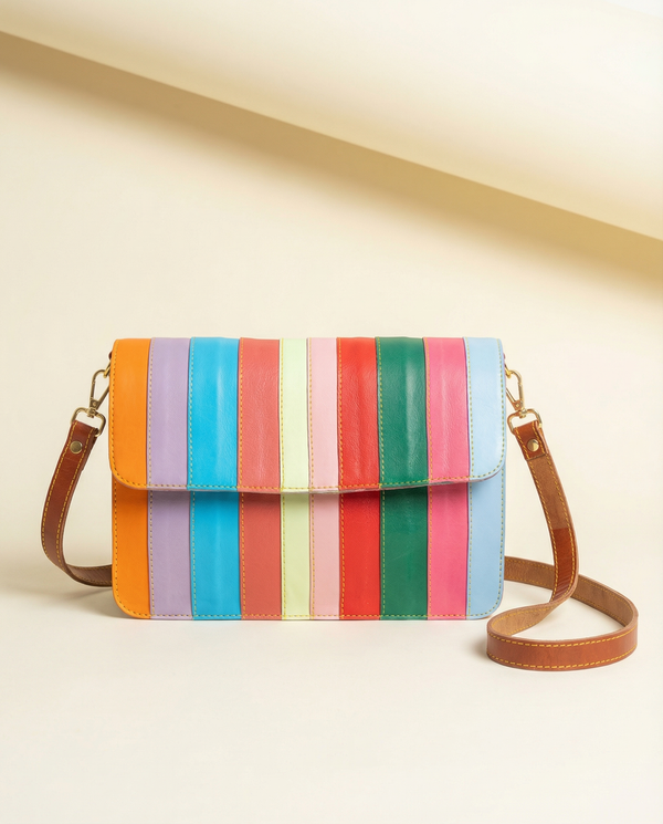 Large rainbow leather crossbody sling bag for women by Ya Qalbi