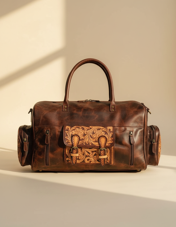 Extra-large hand-tooled leather duffle bag Western weekender by Ya Qalbi