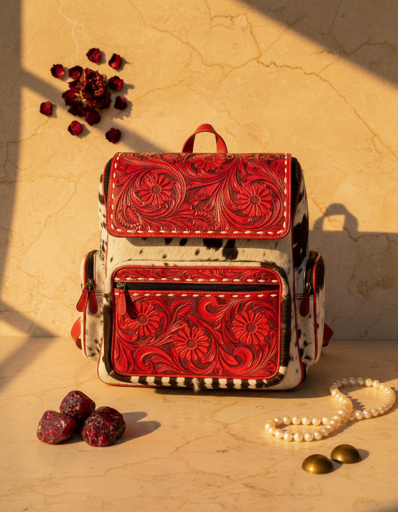 Red Tooled Leather Backpack – Black and White Hair-On Body