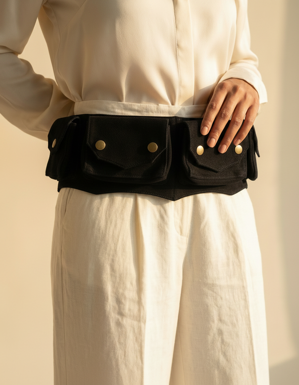 Black leather utility belt with hip pockets and suede lining by Ya Qalbi