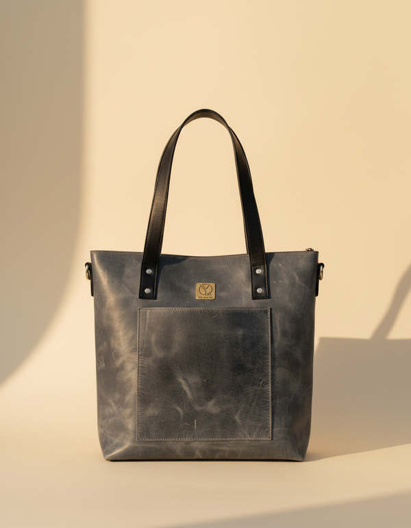 Crunch blue full-grain leather tote bag for office by Ya Qalbi