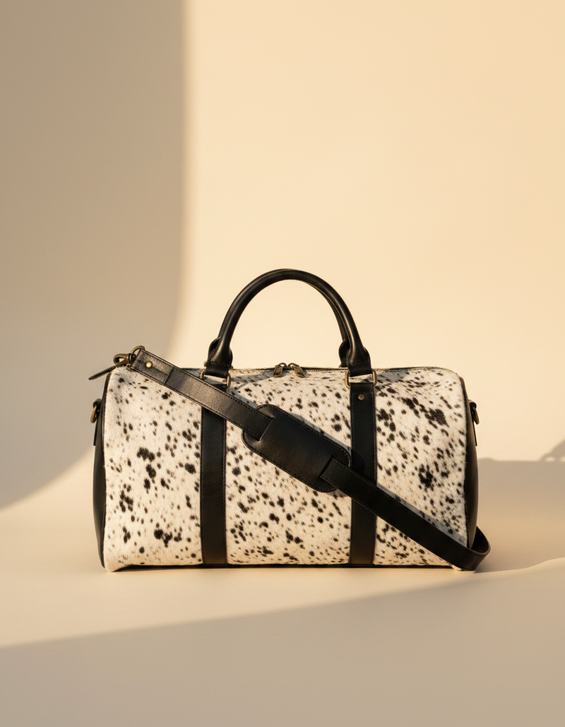 Ya Qalbi Genuine Hairon Leather Duffle Bag – Large Black & White Hair-on-Hide Weekender with Adjustable Strap