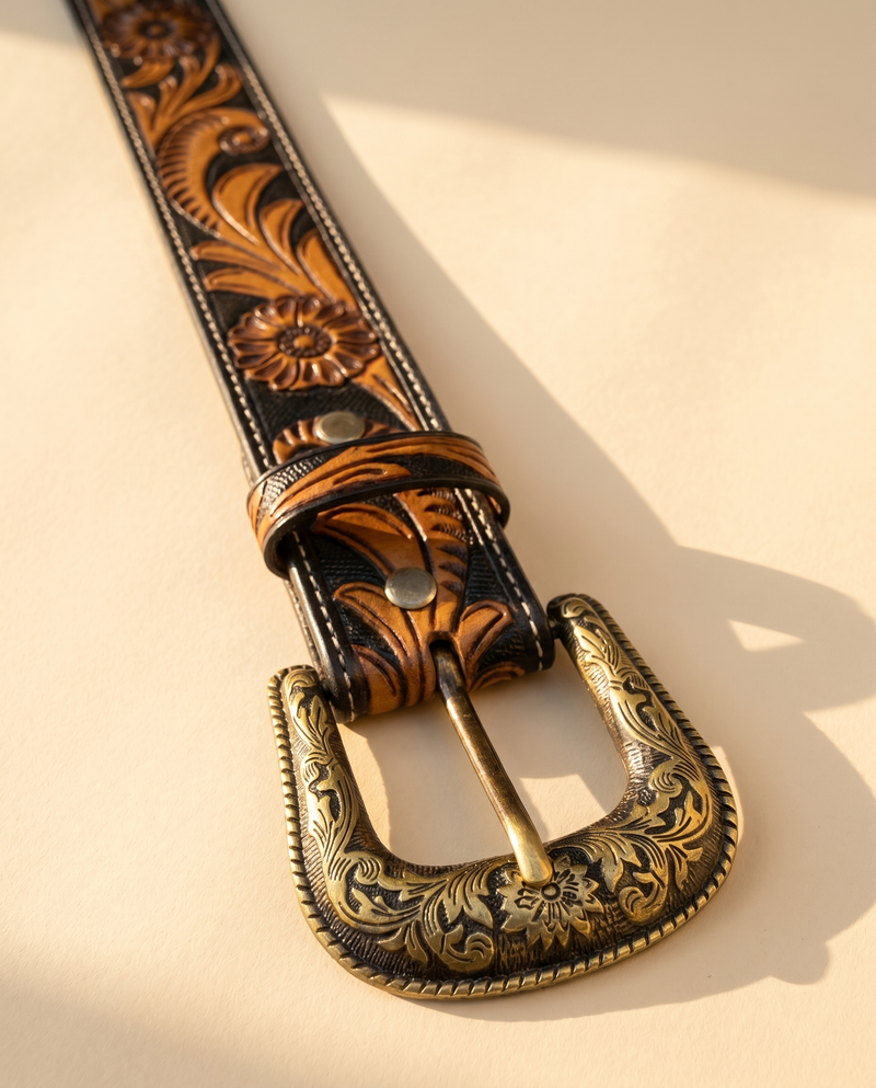 Sunflower Black & Tan Hand Tooled Western Leather Belt | Ya Qalbi