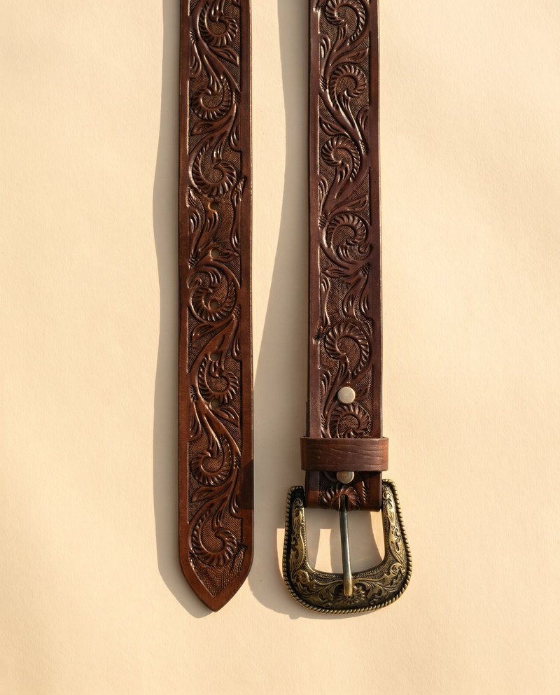Brown Hand Tooled Western Leather Belt | Ya Qalbi