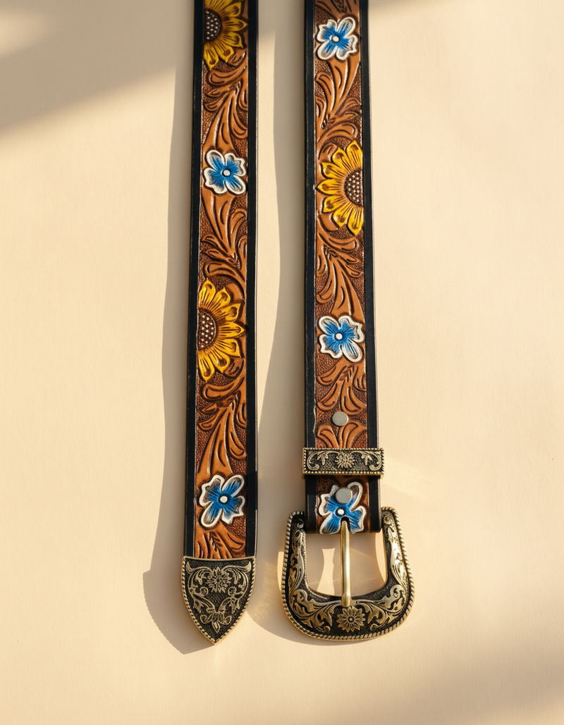Sunflower Hand Tooled Western Leather Belt | Ya Qalbi