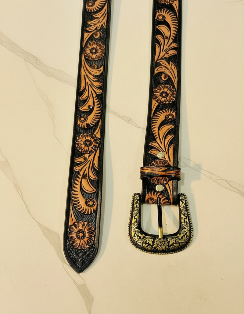 Black & Tan Hand Tooled Western Leather Belt | Ya Qalbi