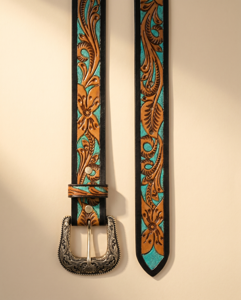 Turquoise Hand Tooled Western Leather Belt | Ya Qalbi