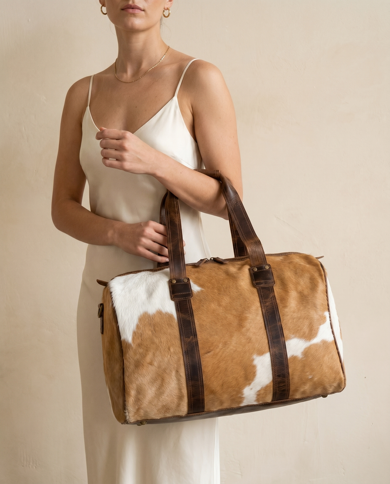 Caramel Hair-On Weekender – Dark Brown Wraparound Straps