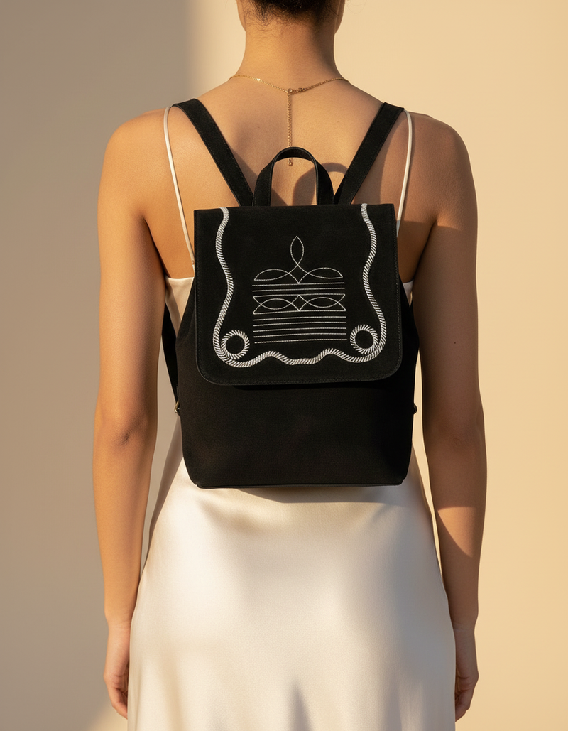 Black Suede Leather Backpack – Bootstitch and Hand-Tooled Pocket