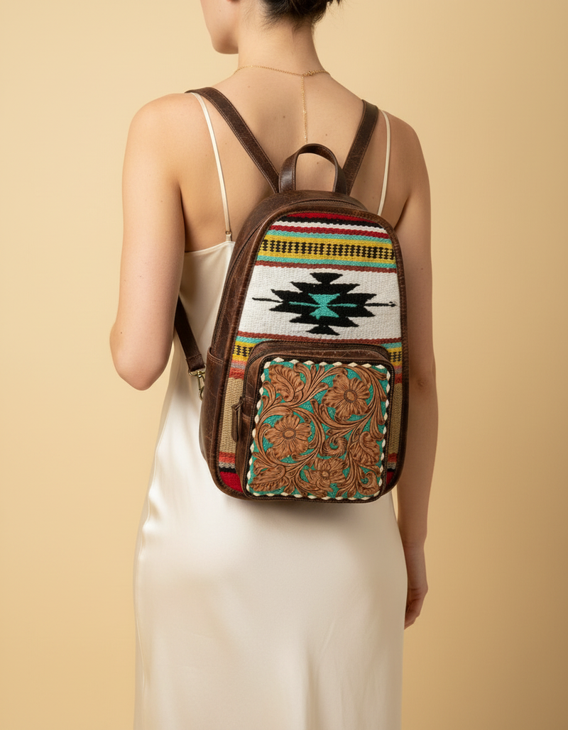 Brown Leather Backpack – Southwestern Weave & Turquoise Tooled Pocket