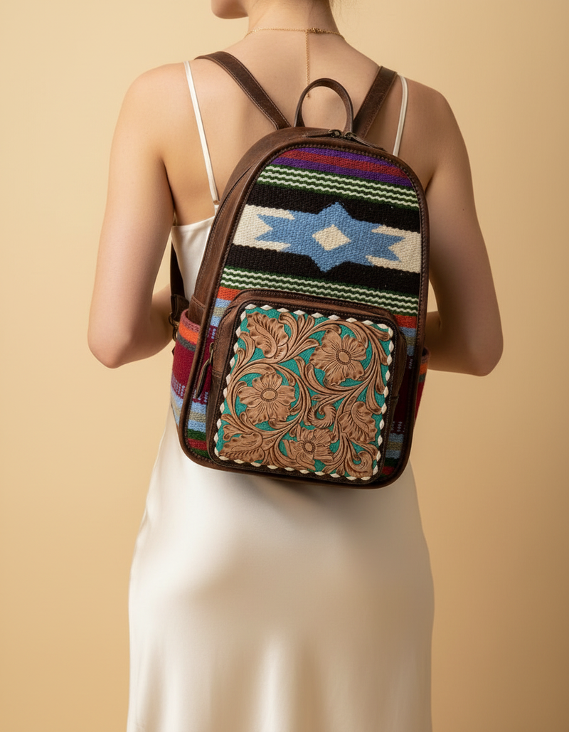 Blue Star Weave Leather Backpack – Turquoise Tooled Floral Pocket