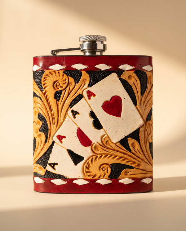 Red Border Aces Hand-Tooled Leather Flask – 150 ml Steel