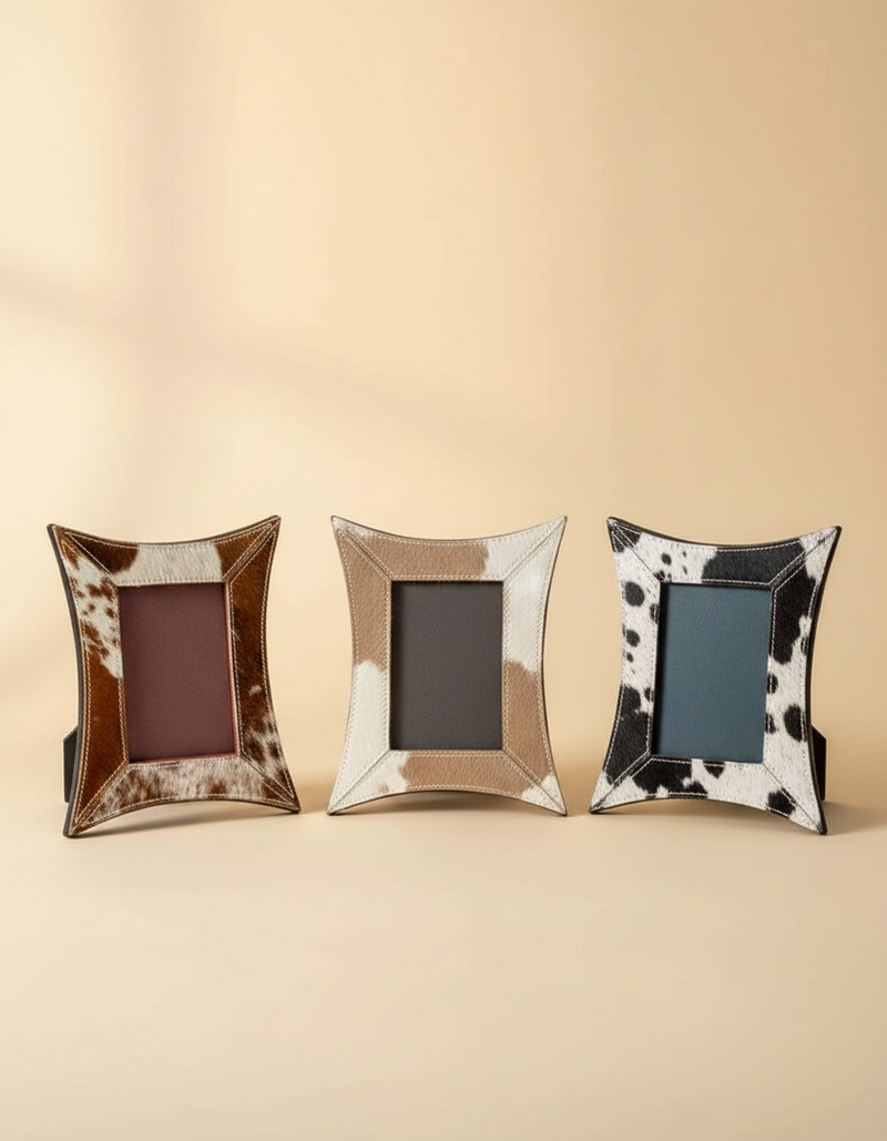 Curved hair-on leather photo frames in brown and white, beige, and black and white
