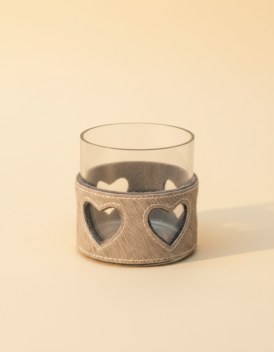 Glass votive candle holder in grey hair-on leather with heart cut-outs
