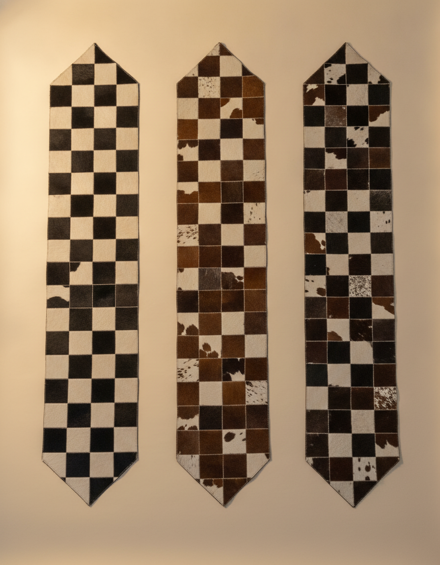 Three patchwork hair-on leather table runners in black and white, brown and white, and mixed
