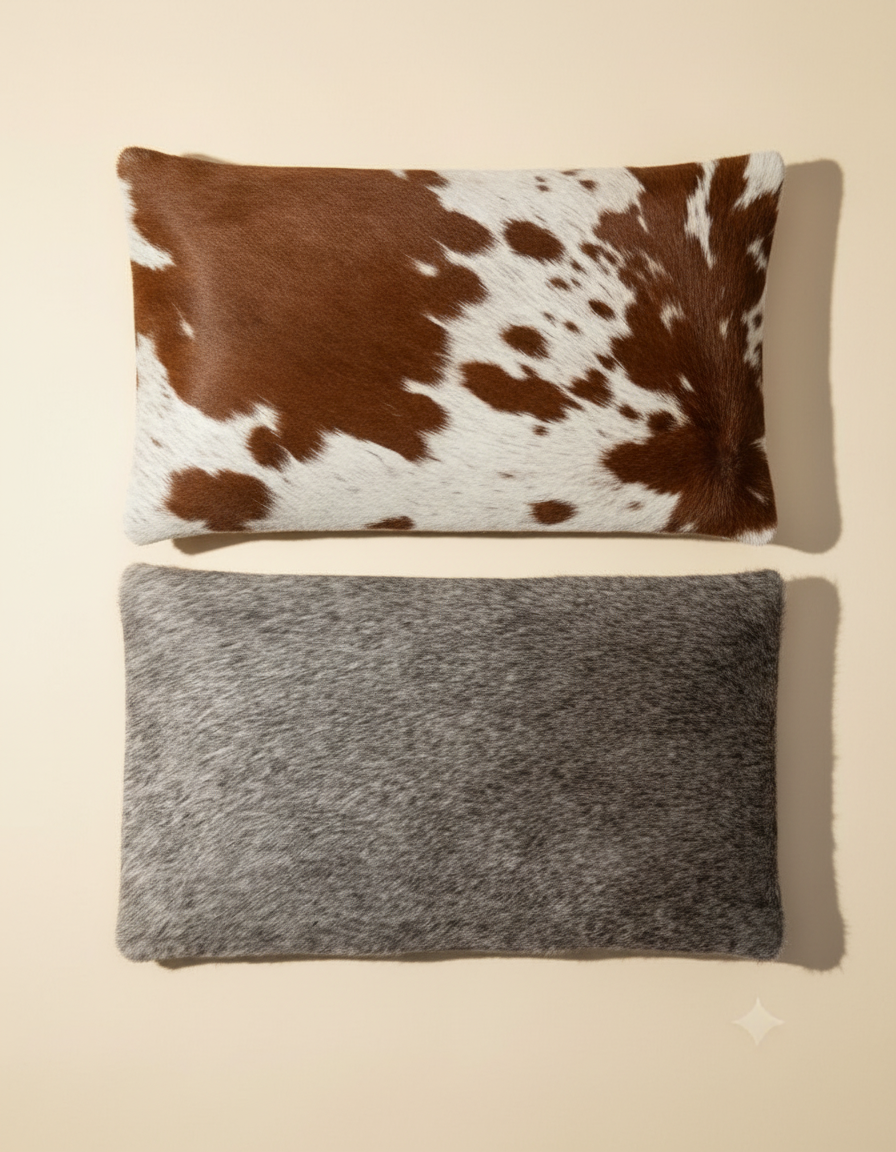 Brown and white, and solid grey, hair-on leather lumbar cushion covers