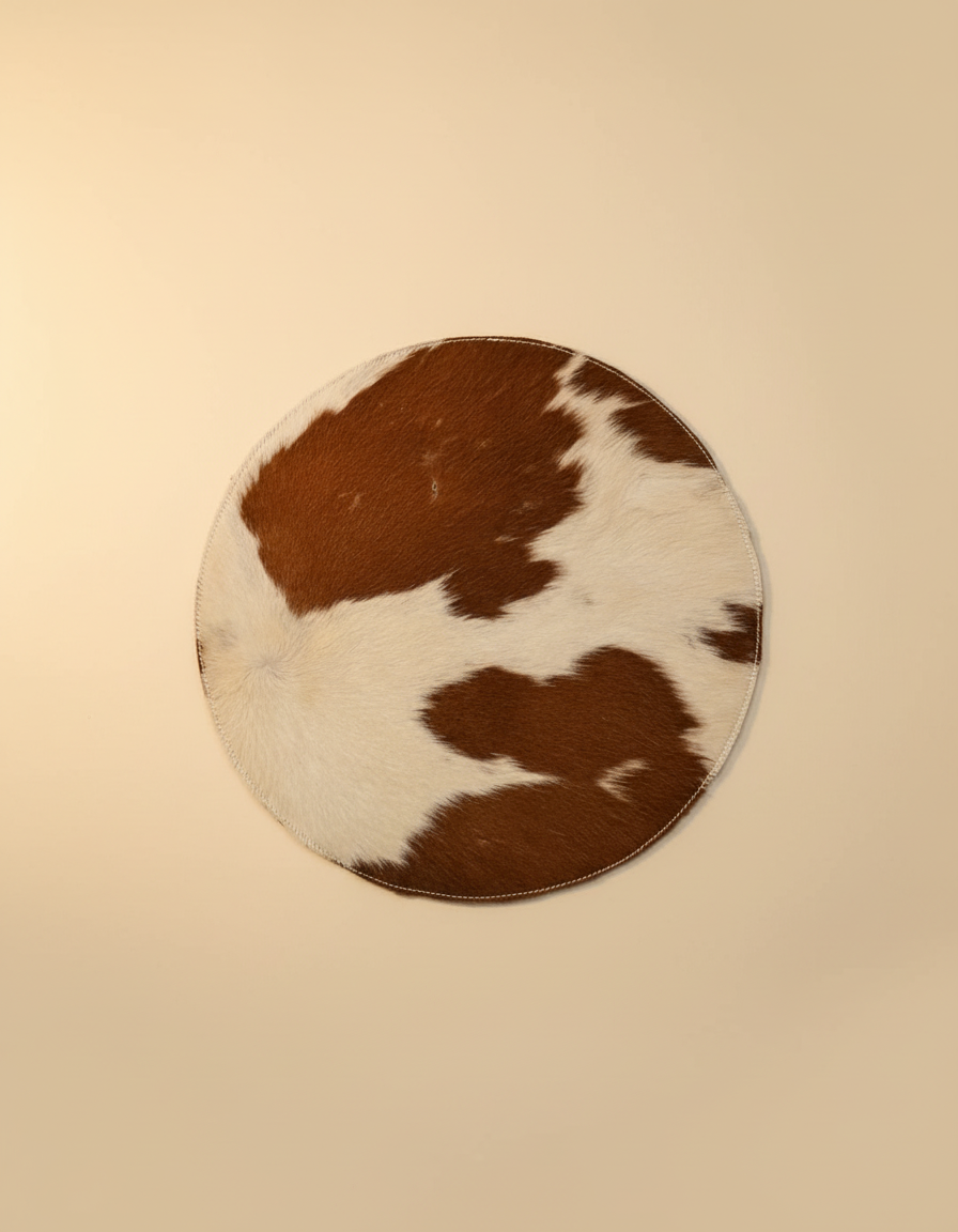 Round brown and white hair-on rug, top view