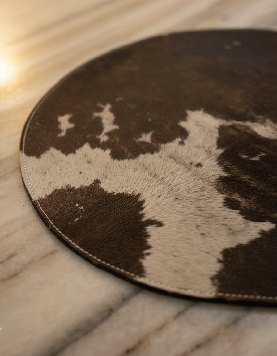 Close-up of round dark brown and white hair-on rug
