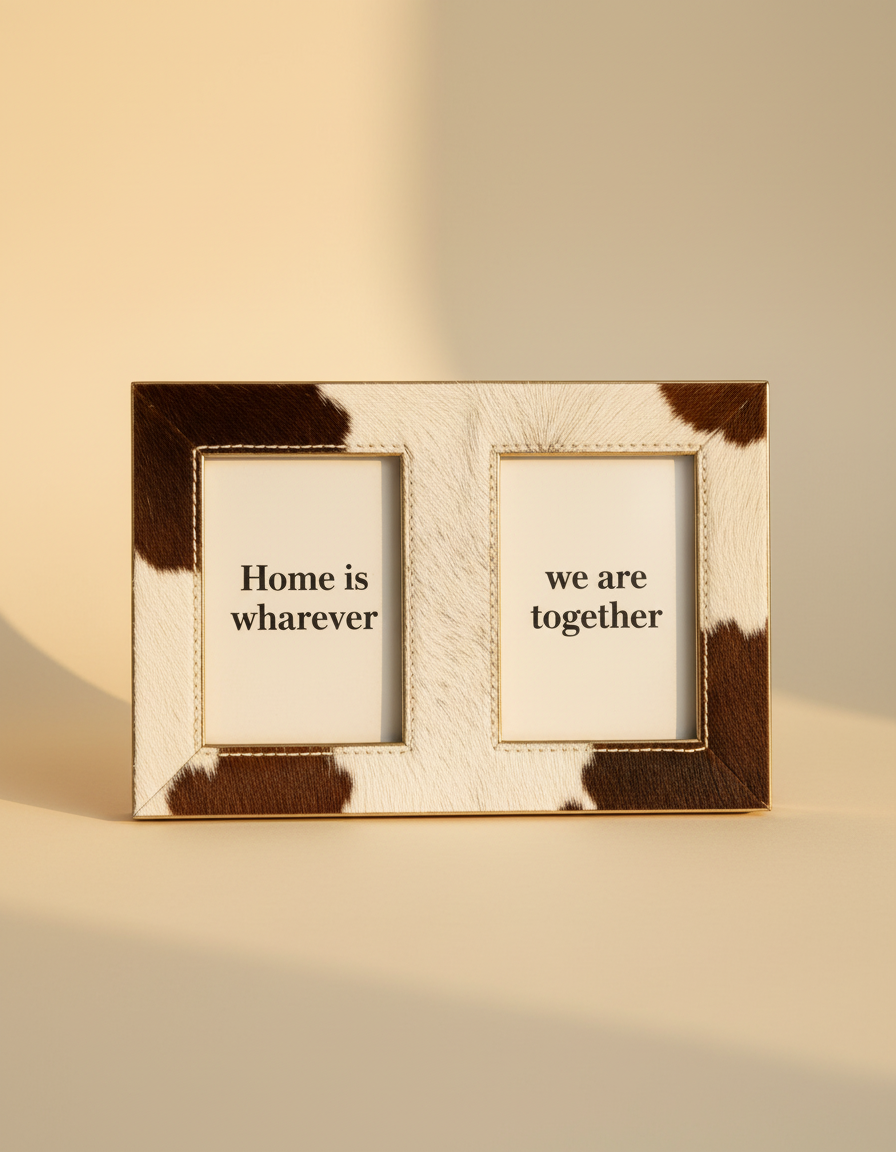 Cream and brown hair-on double photo frame with two prints