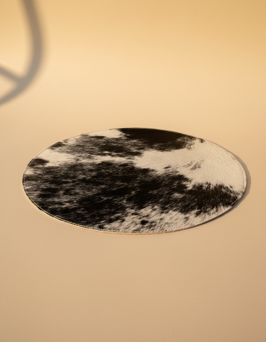Round salt and pepper hair-on rug, angled view